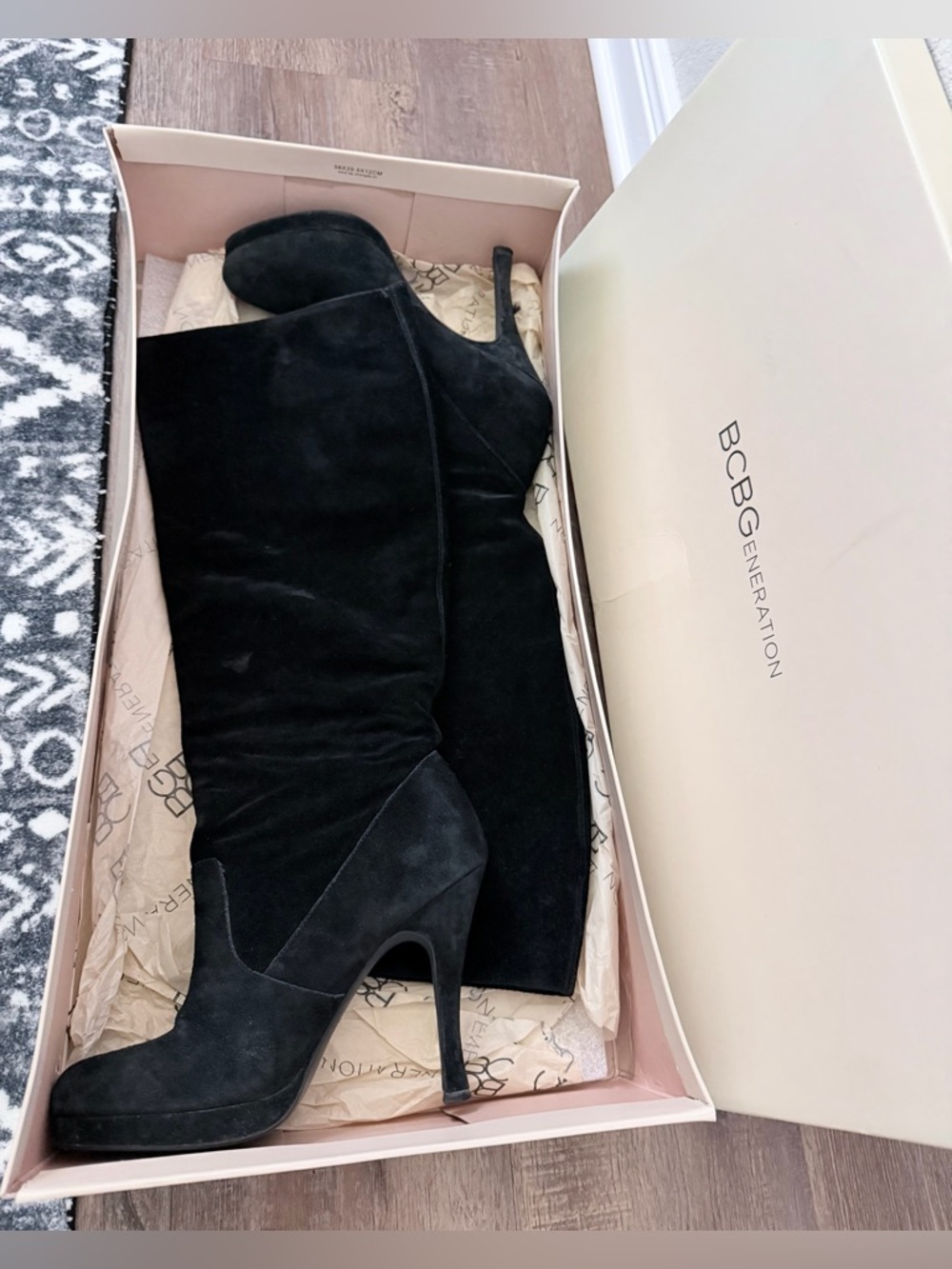 BCBGeneration Black Suede Knee High Platform Stiletto Boots